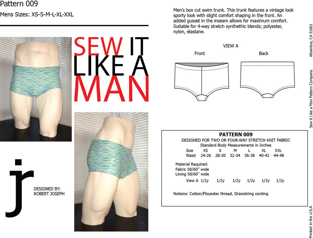 Mens Box-Cut Swim Trunk Sewing Pattern MAIL